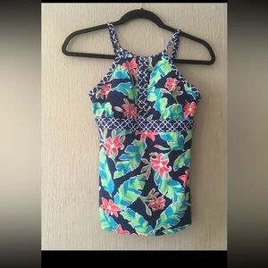 LANDS' END XS 2 High Neck Modest Tankini Swim Top Tropical keyhole 504506